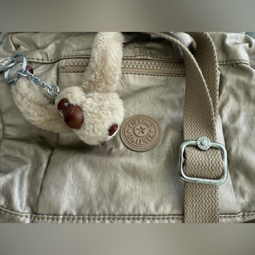 Kipling Shimmering Gold Tote with Plush Keychain